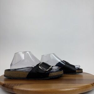Womens Birkenstock Madrid Big Buckle Black Patent Leather Slide Sandals Size 38
